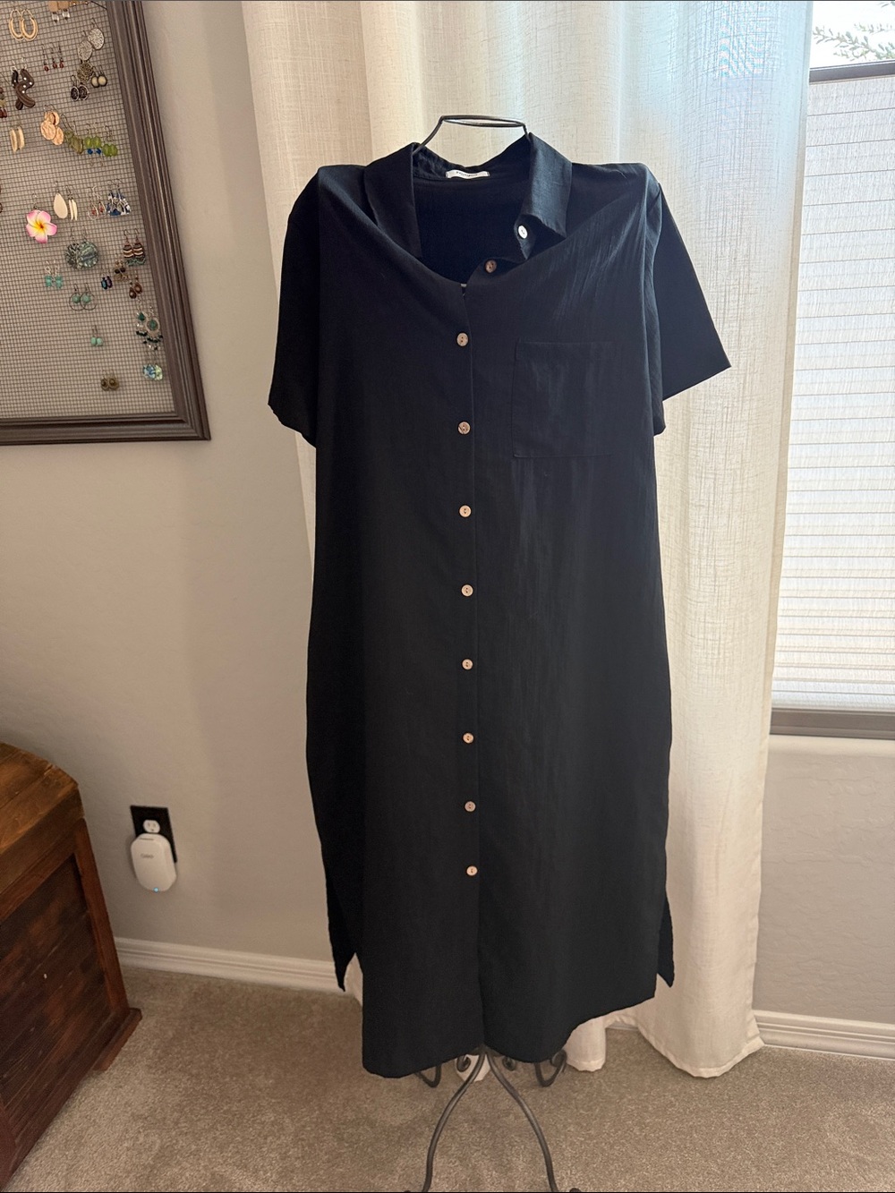 zeagoo Black Button-Front Midi Shirt Dress
